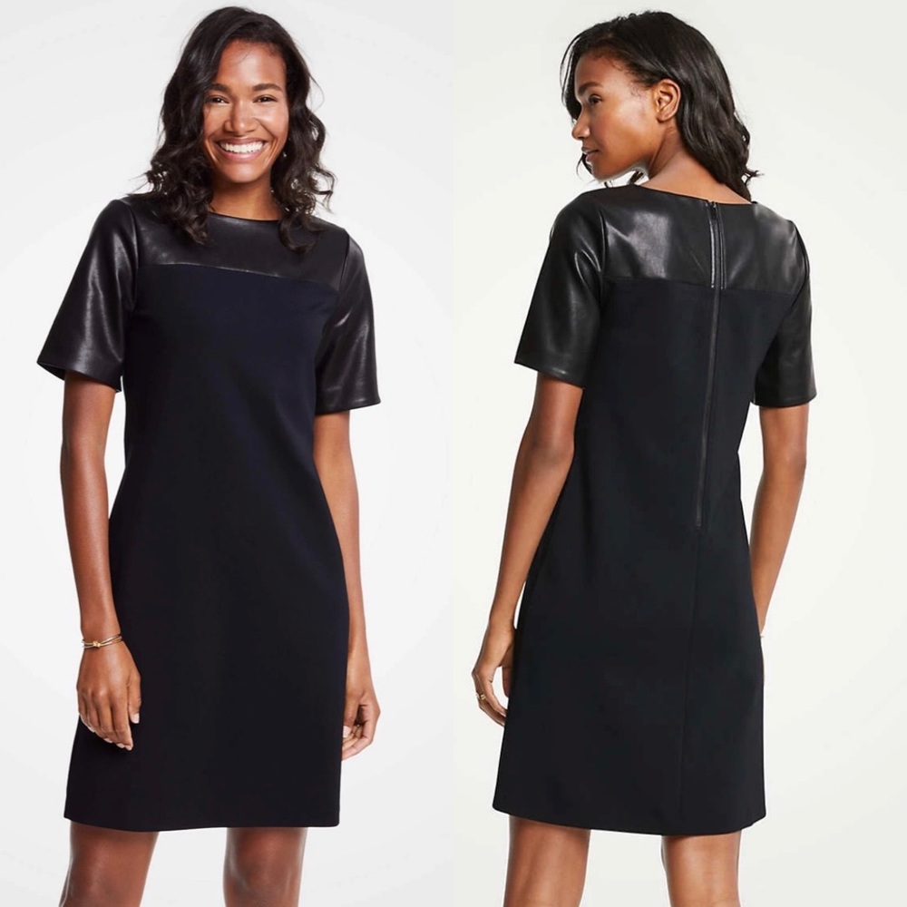 Ann Taylor Black Faux Leather Sleeve Ponte Dress